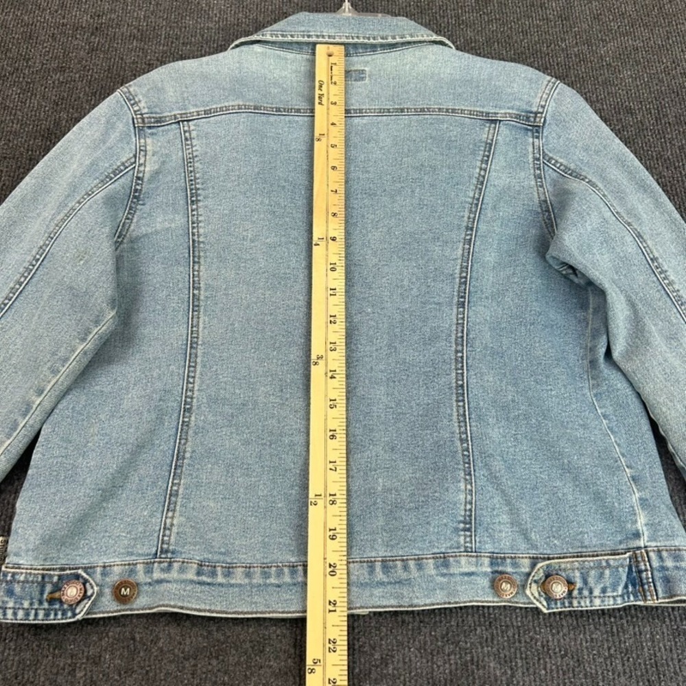 Max Studio Women's Jean Jacket Blue Distressed Stretch Y2K Grunge Streetwear - L - Picture 13 of 16